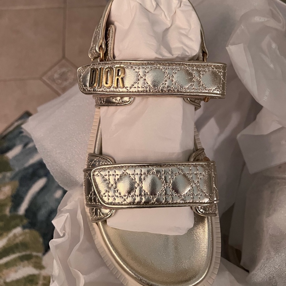 Dior Gold Quilted Strap Logo Sandals - Women